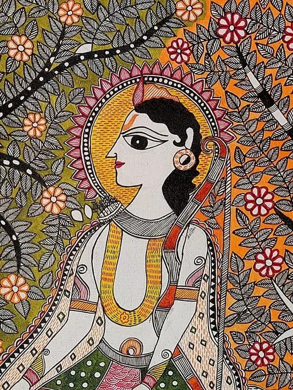 Exotic India Madhubani Painting Of Lord Rama In Nature | Acrylic On Canvas | By Lalita Ray 