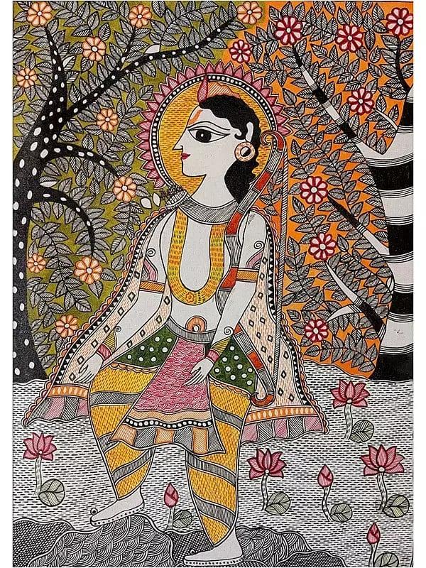 exotic india Madhubani Painting Of Lord Rama In Nature | Acrylic On Canvas | By Lalita Ray 
