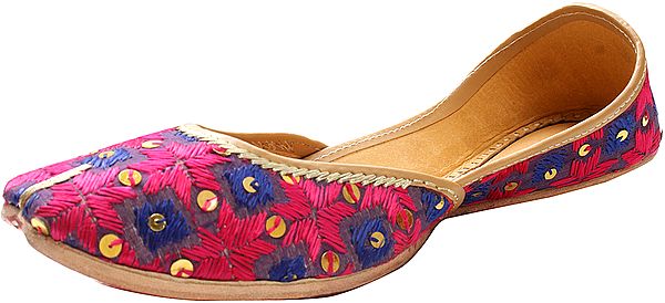 Exotic India Magenta And Blue Phulkari Jooti With Embroidered Flowers And Sequins