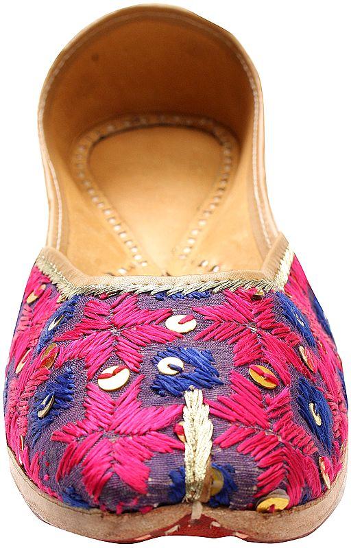 Exotic India Magenta And Blue Phulkari Jooti With Embroidered Flowers And Sequins