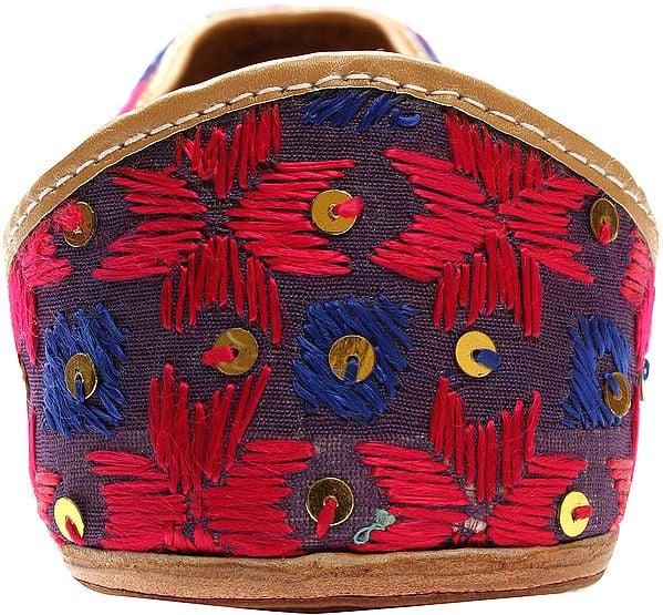Exotic India Magenta And Blue Phulkari Jooti With Embroidered Flowers And Sequins