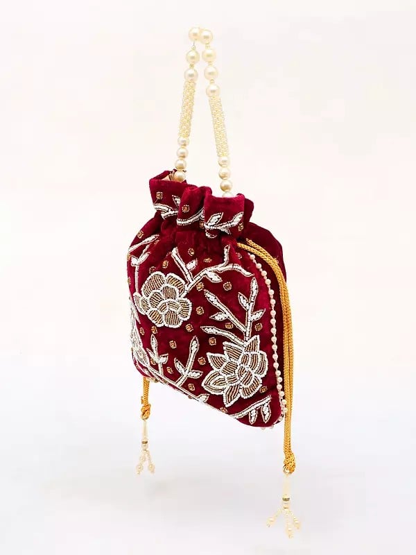 Exotic India Magenta-Purple Potli Bags With Floral Embroidered Beads And Crystals 