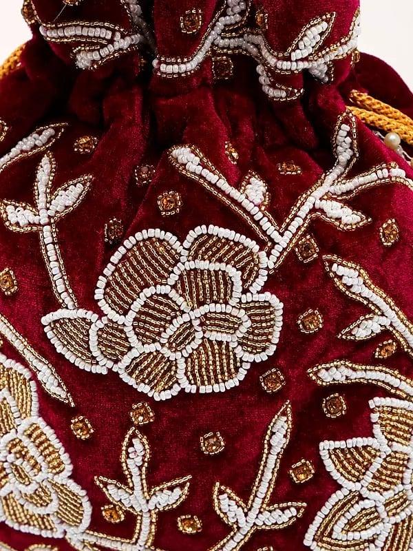 Exotic India Magenta-Purple Potli Bags With Floral Embroidered Beads And Crystals 