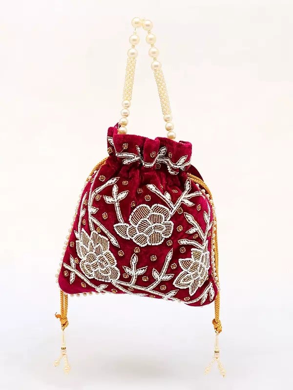 exotic india Magenta-Purple Potli Bags with Floral Embroidered Beads and Crystals 