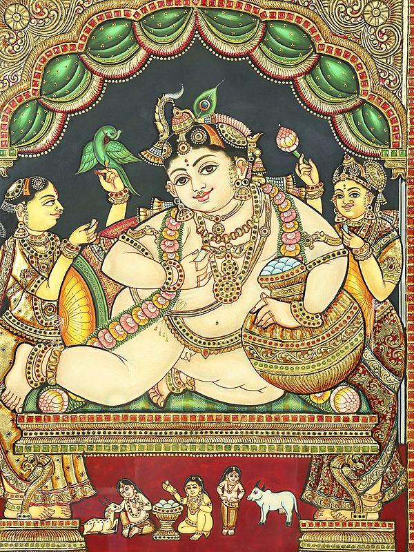 Exotic India Makhan Chor Krishna | 24 Karat Gold Work | Framed Tanjore Painting 
