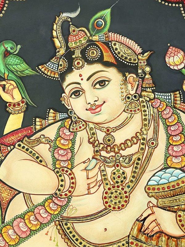 Exotic India Makhan Chor Krishna | 24 Karat Gold Work | Framed Tanjore Painting 