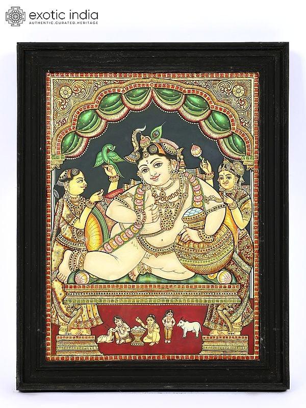 exotic india Makhan Chor Krishna | 24 Karat Gold Work | Framed Tanjore Painting 