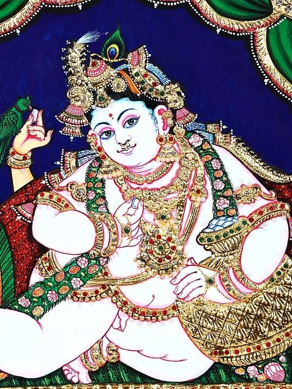 Exotic India Makhanchor Krishna | 24 Karat Gold Work | Framed Tanjore Painting 