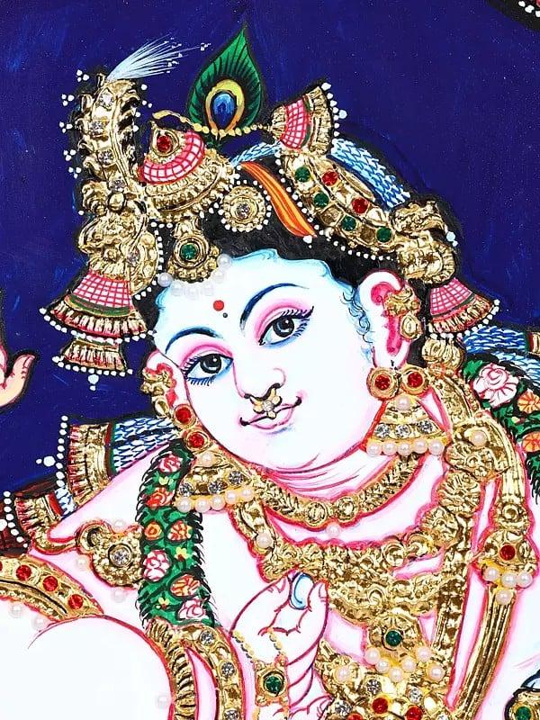 Exotic India Makhanchor Krishna | 24 Karat Gold Work | Framed Tanjore Painting 