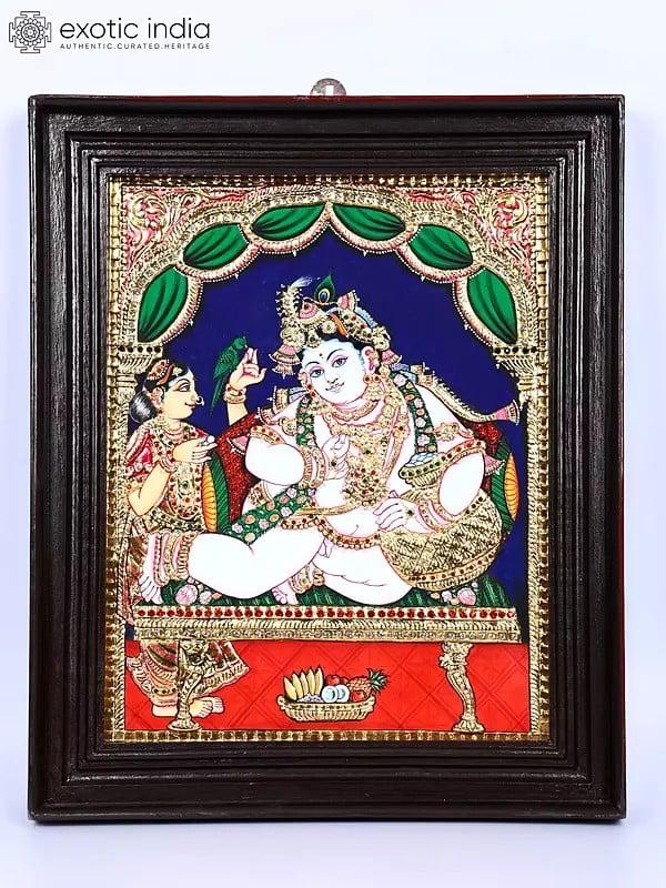 exotic india Makhanchor Krishna | 24 Karat Gold Work | Framed Tanjore Painting 