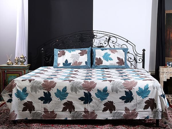 exotic india Maple Leaf Printed Cotton Queen Size Bedsheet with Two Pillow Cover 