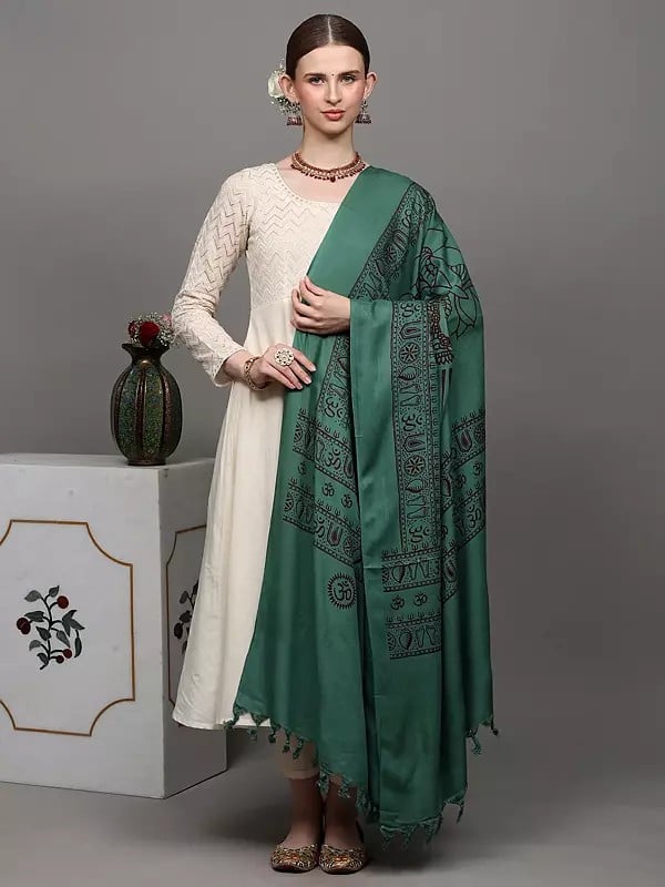 Exotic India Marine-Green Printed Lord Ganesha Prayer Shawl 