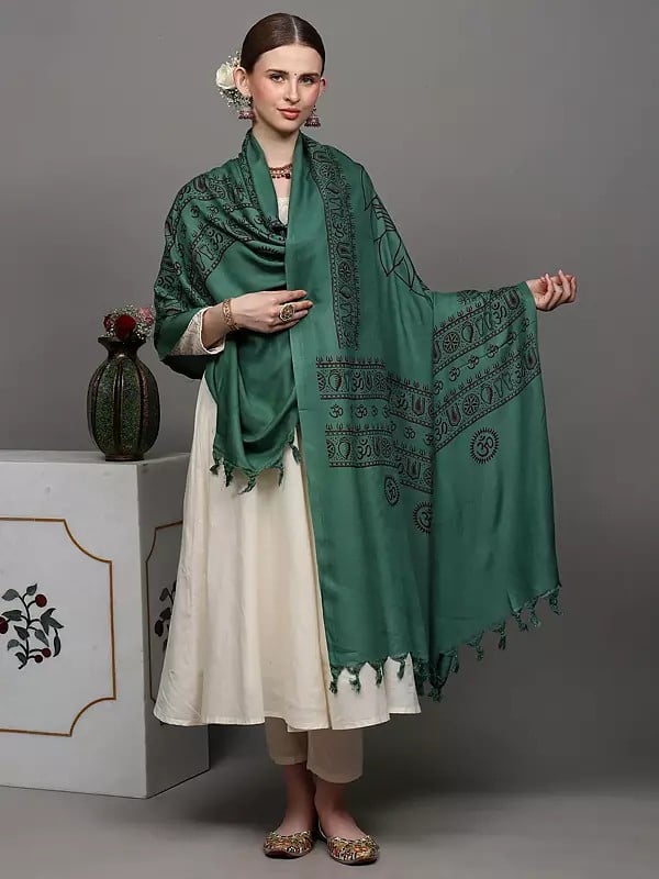 Exotic India Marine-Green Printed Lord Ganesha Prayer Shawl 