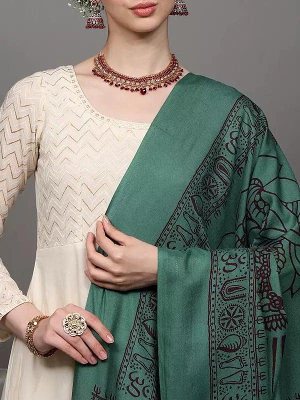 Exotic India Marine-Green Printed Lord Ganesha Prayer Shawl 