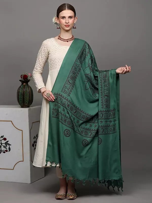 exotic india Marine-Green Printed Lord Ganesha Prayer Shawl 