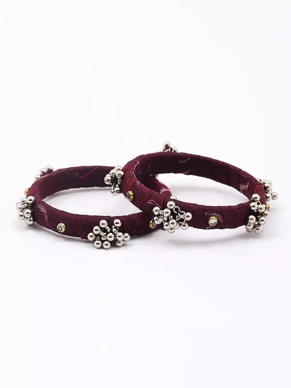 Exotic India Maroon Handloom Sambalpuri Fabric Ghungroo Pair Of Bangle 