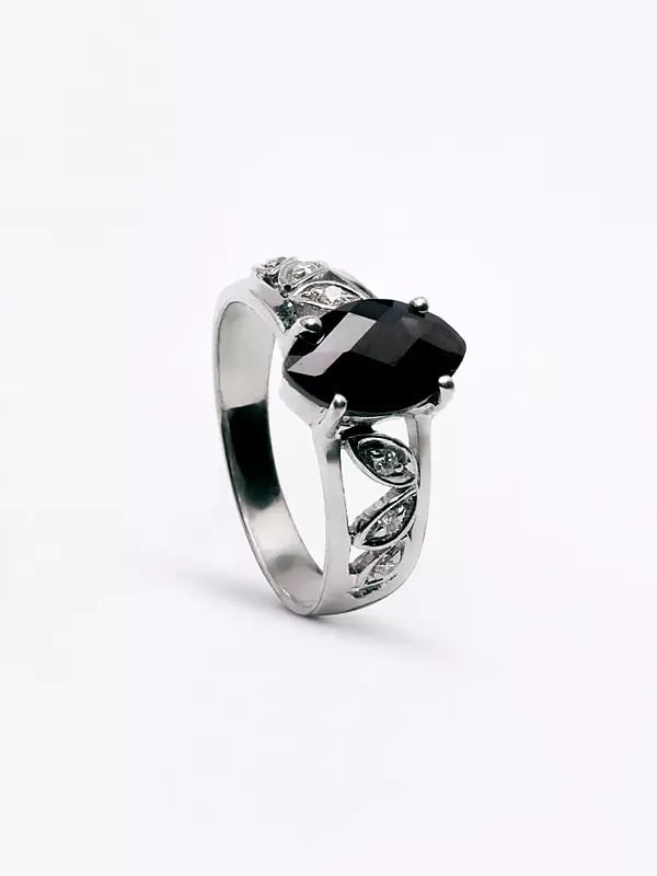 Exotic India Marquise Cut Black Onyx Ring With Cubic Zirconia 