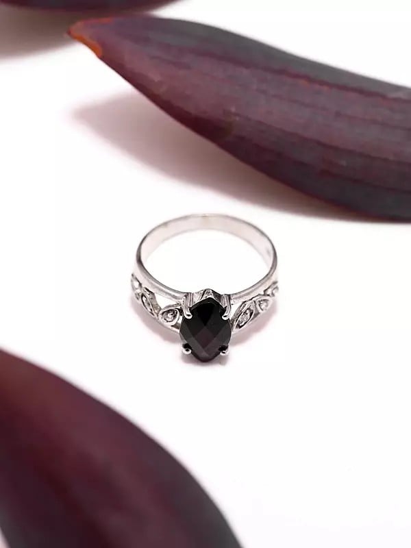 Exotic India Marquise Cut Black Onyx Ring With Cubic Zirconia 