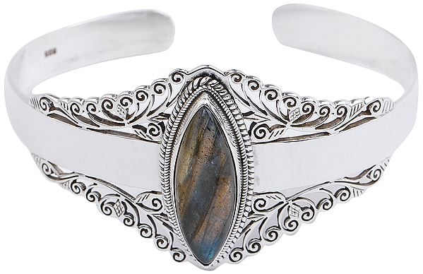 Exotic India Marquise Cut Labradorite Cuff Bracelet (Adjustable Size)