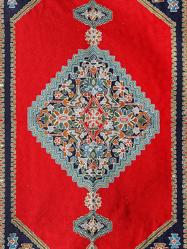 Exotic India Mars-Red & Blue Chain Stitched Silk Asana Carpet From Kashmir 