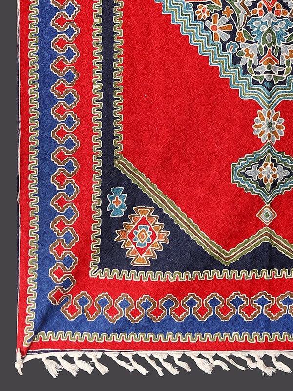 Exotic India Mars-Red & Blue Chain Stitched Silk Asana Carpet From Kashmir 