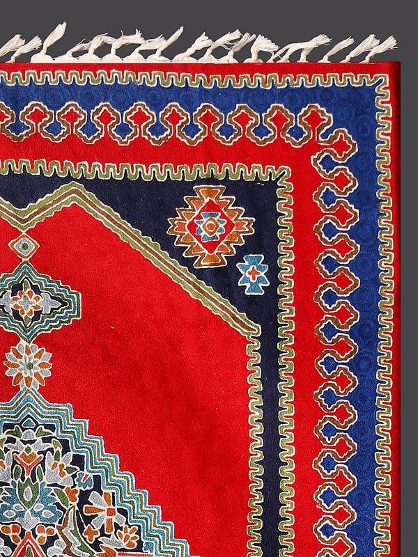 Exotic India Mars-Red & Blue Chain Stitched Silk Asana Carpet From Kashmir 