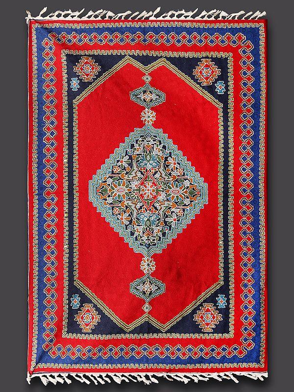 exotic india Mars-Red & Blue Chain Stitched Silk Asana Carpet from Kashmir