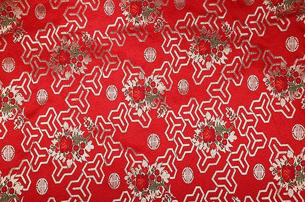 exotic india Mars-Red Brocade Fabric from Banaras with Woven Flowers 