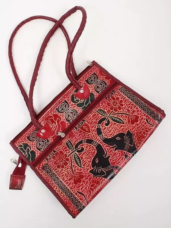 Exotic India Mars-Red Elephant Print Shantiniketan Leather Hand Bag 
