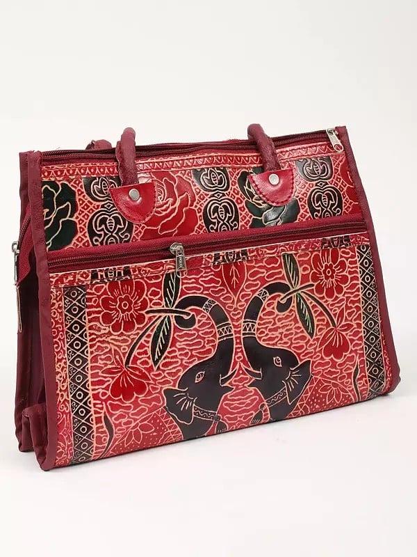 Exotic India Mars-Red Elephant Print Shantiniketan Leather Hand Bag 