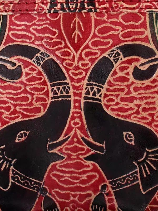 Exotic India Mars-Red Elephant Print Shantiniketan Leather Hand Bag 