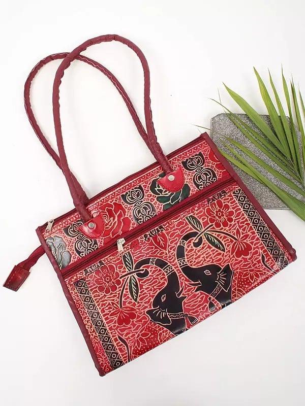 exotic india Mars-Red Elephant Print Shantiniketan Leather Hand Bag