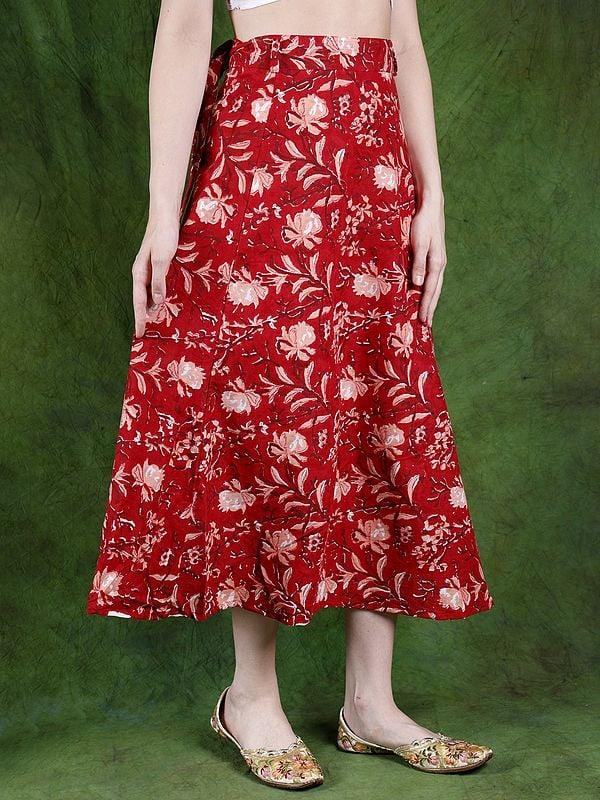 Exotic India Mars-Red Pure Cotton Warp-On Skirt With All-Over Floral Print 