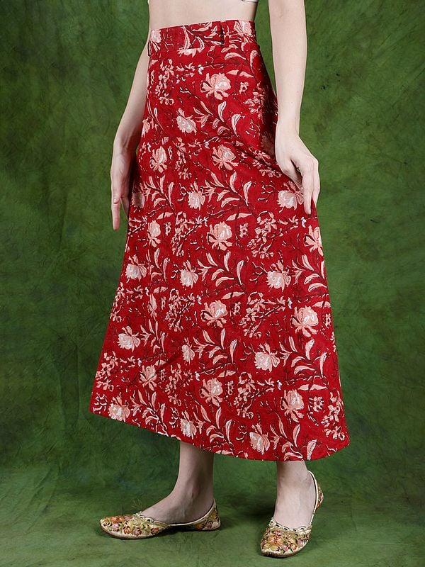 Exotic India Mars-Red Pure Cotton Warp-On Skirt With All-Over Floral Print 