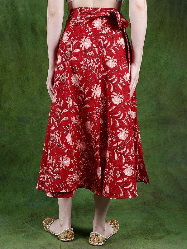 Exotic India Mars-Red Pure Cotton Warp-On Skirt With All-Over Floral Print 
