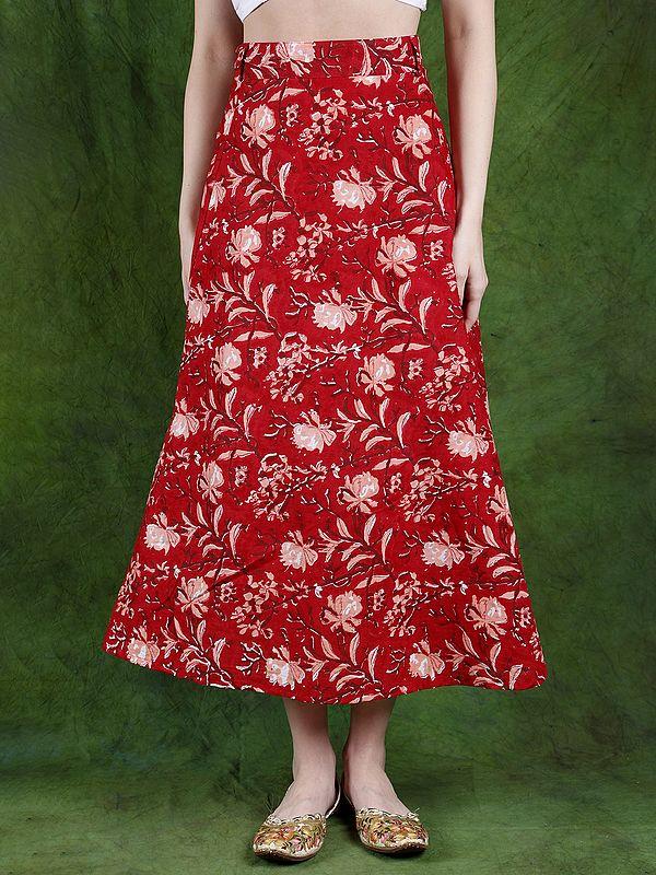 exotic india Mars-Red Pure Cotton Warp-On Skirt with All-Over Floral Print 