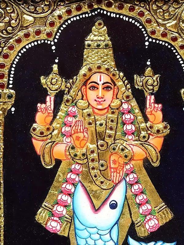 Exotic India Matsya Avatar Of Lord Vishnu Tanjore Painting | Traditional Colors With 24 Karat Gold | With Frame 