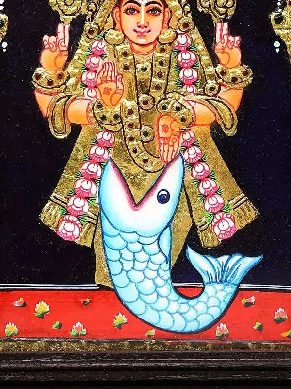 Exotic India Matsya Avatar Of Lord Vishnu Tanjore Painting | Traditional Colors With 24 Karat Gold | With Frame 