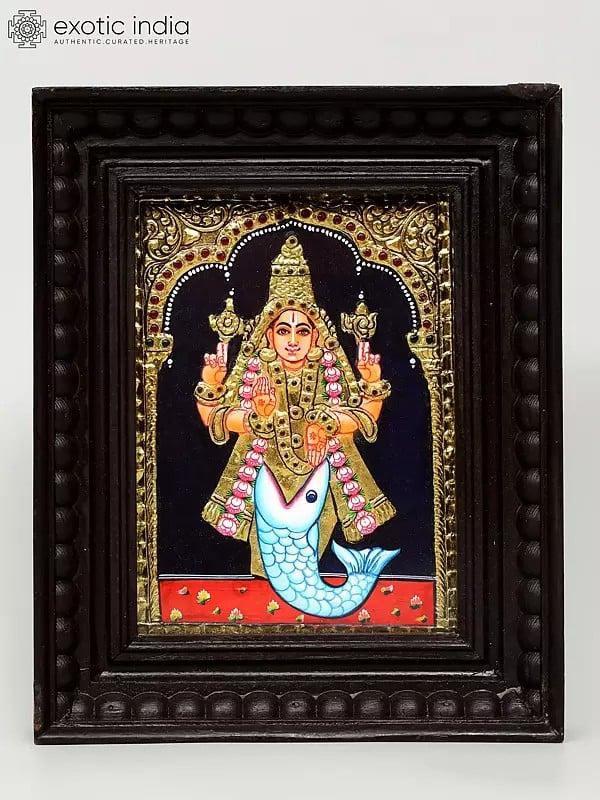 exotic india Matsya Avatar of Lord Vishnu Tanjore Painting | Traditional Colors with 24 Karat Gold | With Frame 