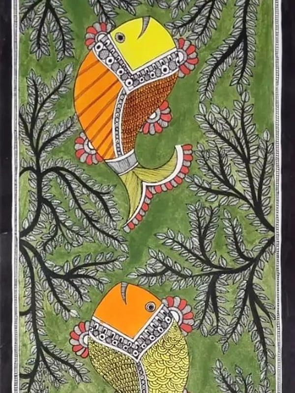 Exotic India Matsya Nritya Madhubani Painting | Acrylic On Handmade Paper | By Pallavi 