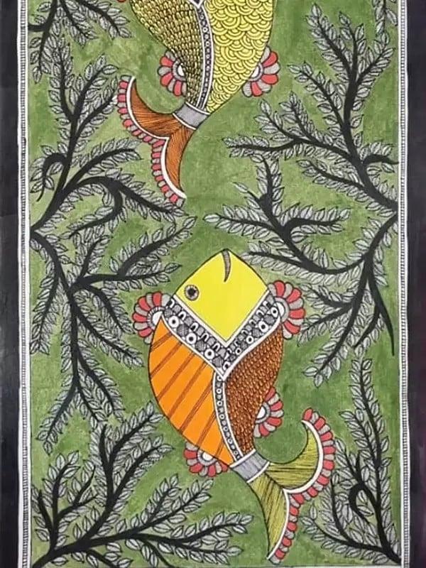 Exotic India Matsya Nritya Madhubani Painting | Acrylic On Handmade Paper | By Pallavi 