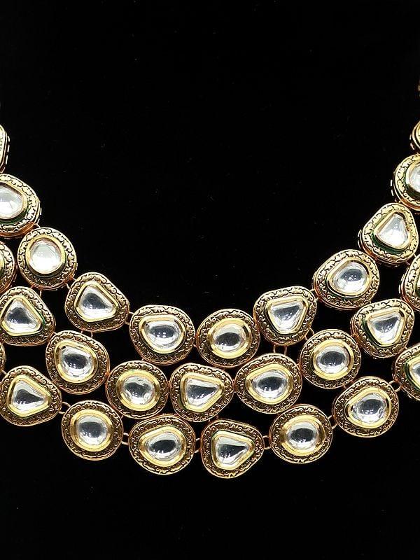 Exotic India Matte Finish Triple Layer Necklace Set With Beautiful Earrings