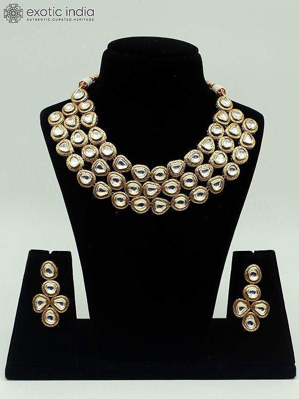 exotic india Matte Finish Triple Layer Necklace Set With Beautiful Earrings