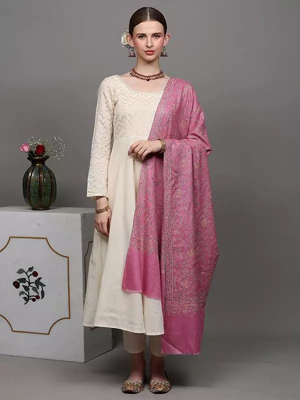 Exotic India Mauve-Pink Pure Pashmina Shawl With Sozni Hand Embroidered Foliage Vines 