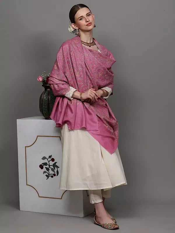 Exotic India Mauve-Pink Pure Pashmina Shawl With Sozni Hand Embroidered Foliage Vines 