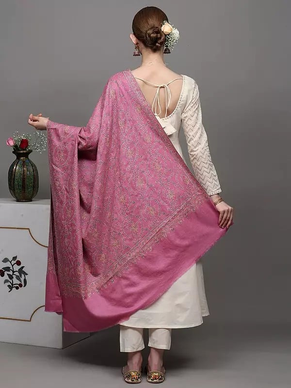 Exotic India Mauve-Pink Pure Pashmina Shawl With Sozni Hand Embroidered Foliage Vines 