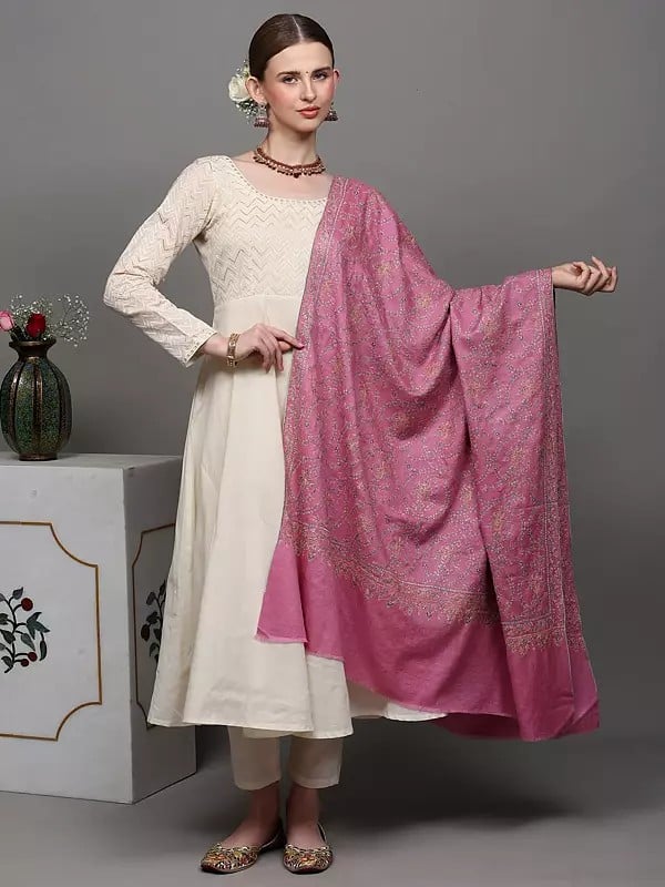 exotic india Mauve-Pink Pure Pashmina Shawl with Sozni Hand Embroidered Foliage Vines 