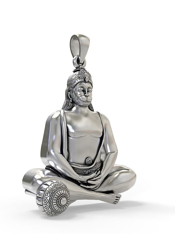 Exotic India Meditating Lord Hanuman Sterling Silver Pendant 