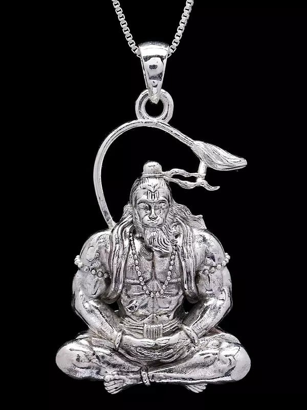 exotic india Meditating Lord Hanuman Sterling Silver Pendant
