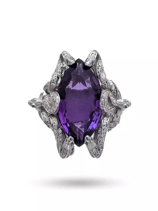 Exotic India Medusa Sterling Silver Ring With Marquise Cut Amethyst 